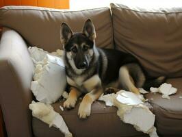 Dog with a mischievous expression surrounded by torn-up pillows AI Generative photo