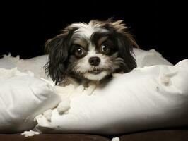 perro con un dañoso expresión rodeado por roto almohadas ai generativo foto