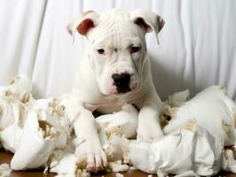 Dog with a mischievous expression surrounded by torn-up pillows AI Generative photo