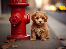 Cute puppy sitting by a fire hydrant AI Generative photo