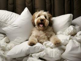 Dog with a mischievous expression surrounded by torn-up pillows AI Generative photo