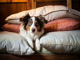 Dog with a mischievous expression surrounded by torn-up pillows AI Generative photo