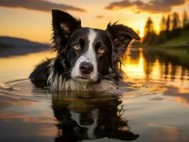 Dog and its reflection in a calm pond AI Generative photo