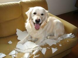 Dog with a mischievous expression surrounded by torn-up pillows AI Generative photo