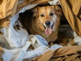 Dog with a mischievous expression surrounded by torn-up pillows AI Generative photo