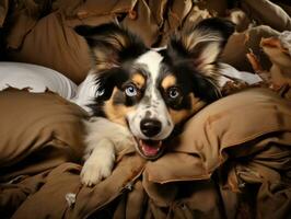 Dog with a mischievous expression surrounded by torn-up pillows AI Generative photo