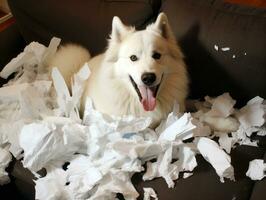 Dog with a mischievous expression surrounded by torn-up pillows AI Generative photo