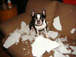 Dog with a mischievous expression surrounded by torn-up pillows AI Generative photo