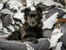 Dog with a mischievous expression surrounded by torn-up pillows AI Generative photo