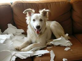 Dog with a mischievous expression surrounded by torn-up pillows AI Generative photo