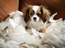 Dog with a mischievous expression surrounded by torn-up pillows AI Generative photo