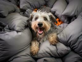 Dog with a mischievous expression surrounded by torn-up pillows AI Generative photo