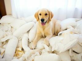 Dog with a mischievous expression surrounded by torn-up pillows AI Generative photo