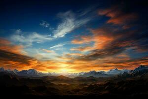 Mountains frame a vibrant, sunlit sky in a breathtaking backdrop AI Generated photo