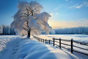 Natures wintry charm a scenic view of snow covered, majestic trees AI Generated photo