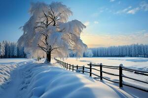 naturalezas invernal encanto un escénico ver de nieve cubierto, majestuoso arboles ai generado foto