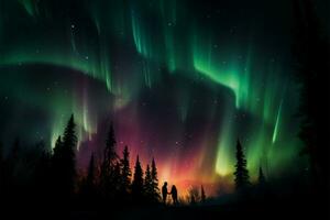 Northern Lights backdrop, a couples captivating celestial rendezvous AI Generated photo