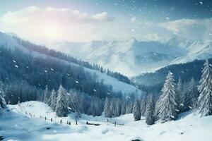 Majestic Carpathian mountains in Ukraine adorned by numerous winter fir trees AI Generated photo