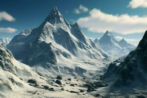 Natures snowy masterpiece a towering mountain peak, a panoramic delight AI Generated photo