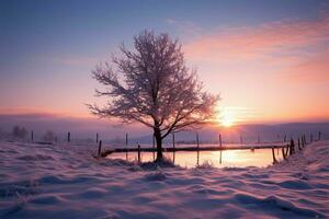 In a picturesque winter landscape, a lone tree stands with grace AI Generated photo