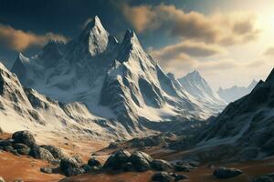 Majestic mountain peak, snow kissed, a panoramic masterpiece in natural grandeur AI Generated photo