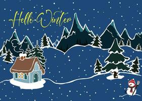 Winter greeting card flat vector with house, pine trees, snowman and mountain on snowy night background. Hello winter concept