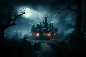 Eerie lighting and fog envelop a spooky haunted house backdrop AI Generated photo