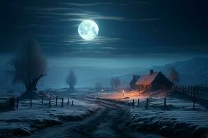 Eerie moonlight casts an icy glow over the frozen forest at night AI Generated photo