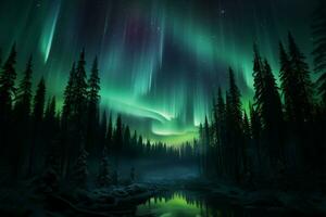 Emerald aurora dances above the northern forest, enchanting the night AI Generated photo
