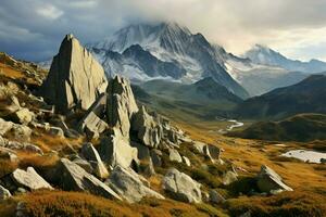 Natures grandeur showcased in the vast and rugged mountain landscape AI Generated photo