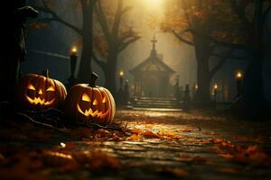 Halloween spooky festivities against a picturesque autumn backdrop AI Generated photo