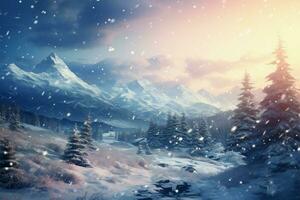 Magical wintery landscape featuring gentle, enchanting background highlights AI Generated photo