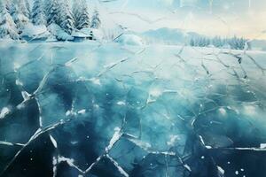 In the Carpathian mountains, a snowfall blankets a frozen lakes cracked, blue ice AI Generated photo