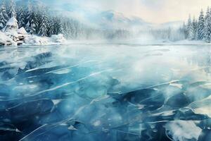 In the Carpathian mountains, a snowfall blankets a frozen lakes cracked, blue ice AI Generated photo