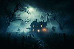 Creepy haunted house with atmospheric fog and room for text AI Generated photo