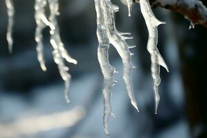 congelado belleza árbol ramas adornado con reluciente carámbanos de hielo ai generado foto