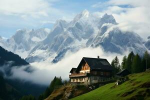 Fog clad Dachstein, a backdrop to idyllic alpine village houses AI Generated photo