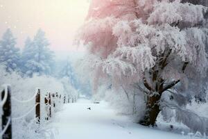 Hoarfrost blankets a serene winter scene with trees and a frosty fence AI Generated photo