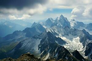 alto altitud paisajes, dónde montañas mando tierras impresionante, escabroso grandeza ai generado foto