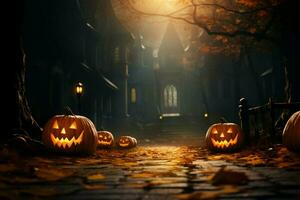 Halloween spooky festivities against a picturesque autumn backdrop AI Generated photo