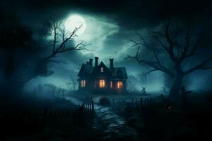 Eerie lighting and fog envelop a spooky haunted house backdrop AI Generated photo