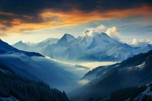 Caucasus Mountains in Europe concealed by dense fog in Svaneti AI Generated photo