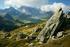 alto altitud belleza en paisaje montañoso, dónde naturalezas maravillas tomar centrar etapa ai generado foto