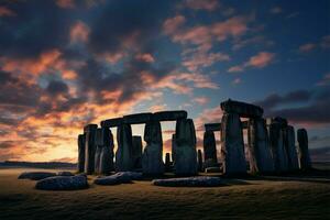 antiguo piedras a Stonehenge testigo el encantador invierno solsticio evento ai generado foto