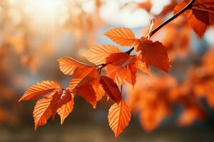 vibrante naranja y carmesí hojas disfrutar en el otoño luz de sol ai generado foto