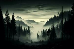 A tranquil, monochromatic forest silhouette, cloaked in an air of mystery AI Generated photo