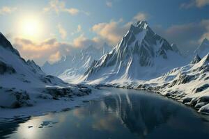 Snowy mountains depicted in a stunning 3D rendered backdrop AI Generated photo
