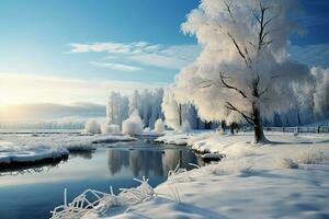 Illustrated winter scene showcases the beauty of nature in wintertime AI Generated photo