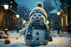 A cheerful winter snowman, bringing joy to New Year AI Generated photo