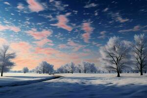 el fondo es un invernal cielo, ofrecimiento un sereno paisaje ai generado foto